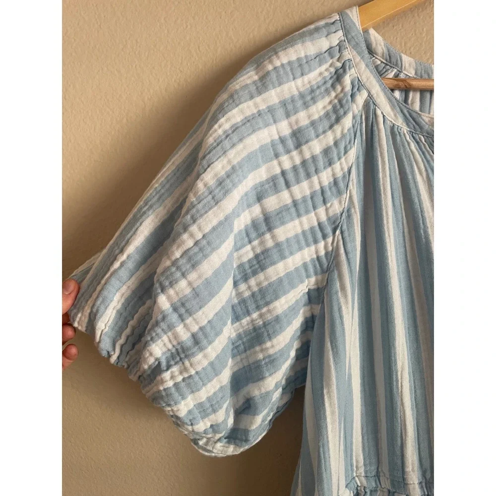 Old Navy Powder Blue Striped Gauze Cotton Puff Sleeve Button Front Dress Large - Picture 4 of 9